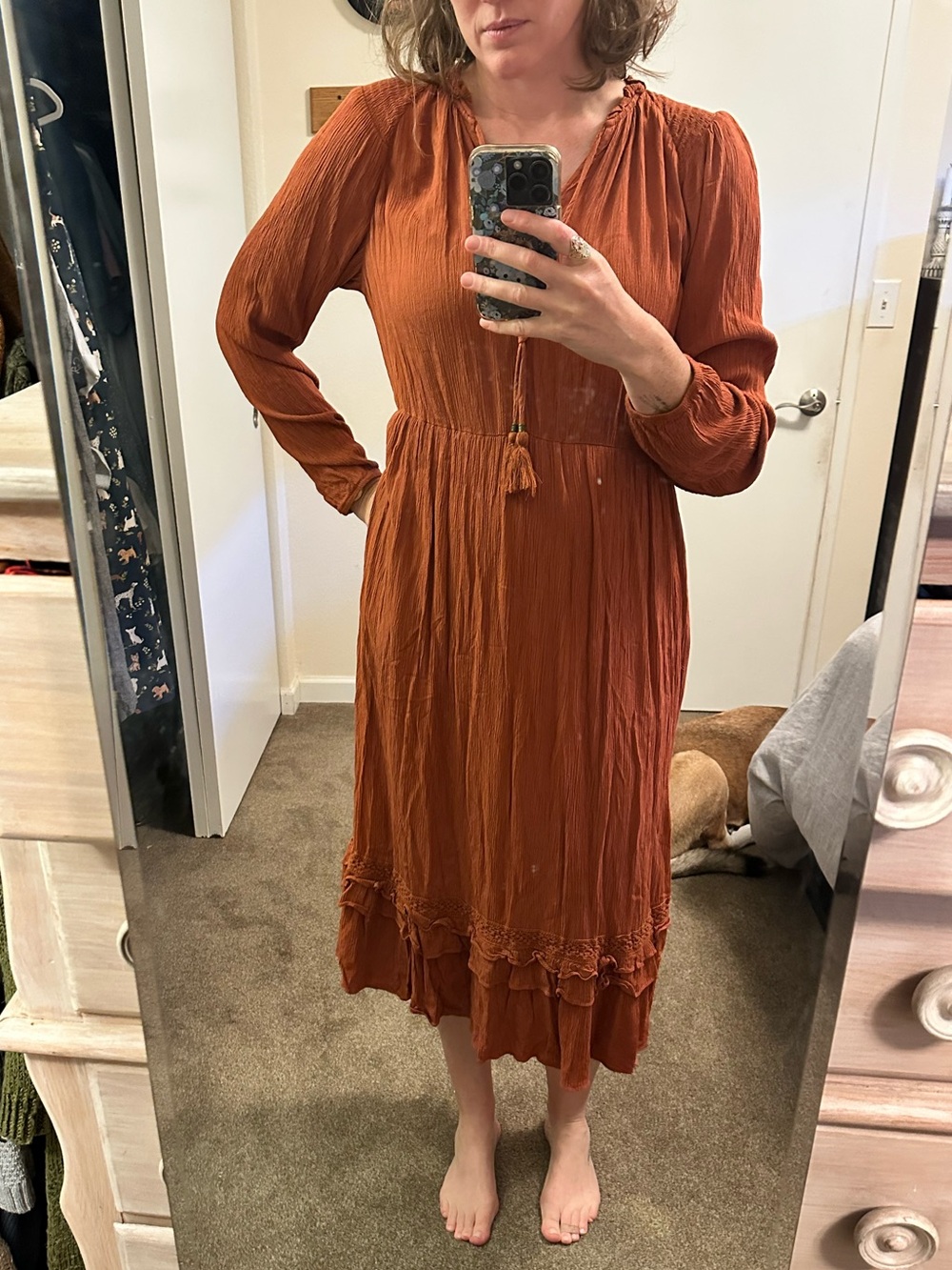 Knox Rose Rust Long Sleeve Midi Dress with Tassel Detail